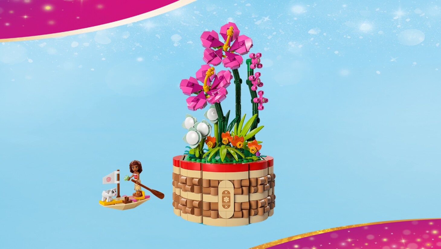 Set LEGO Vaiana avec bateau, mini figurine de Vaiana, cochon Pua et île fleurie