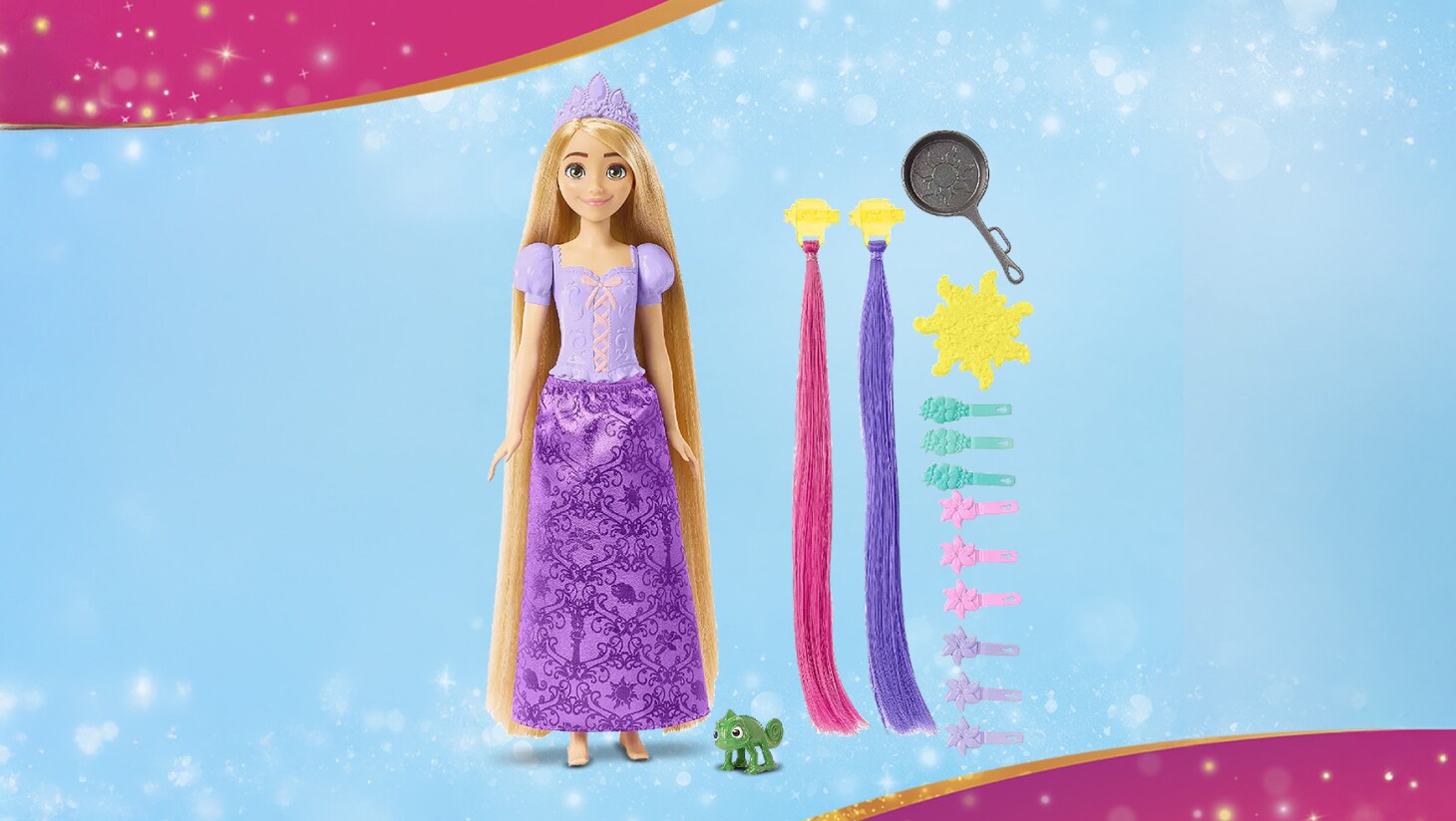 Rapunzel doll set with accessories including hair extensions, clips, frying pan, sun-shaped piece, and Pascal the chameleon