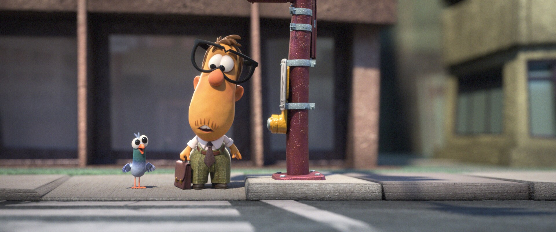 Man standing at the edge of a crosswalk next to a pigeon from short "Crosswalk"