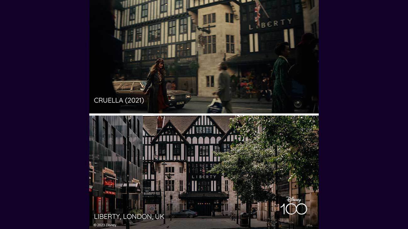 Scene from Cruella (2021) and image of Liberty, London UK