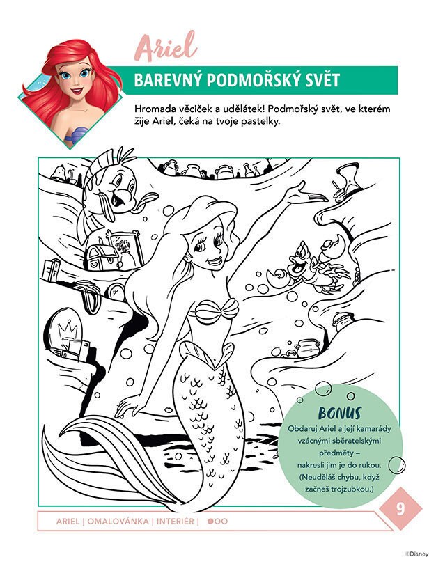Omalovánka s Ariel z Disneyho Malé mořské víly, obklopená mořskými tvory a podvodními poklady.