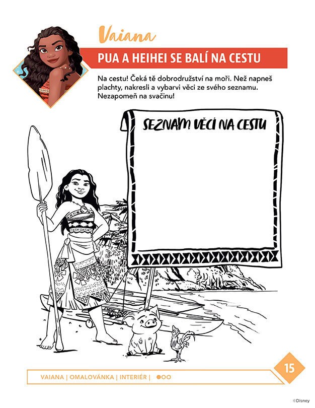 Omalovánka s Vaianou z Disneyho filmu Odvážná Vaiana: Legenda o konci světa, jak se na pláži připravuje na dobrodružství na moři s Puou a Hei Heiem