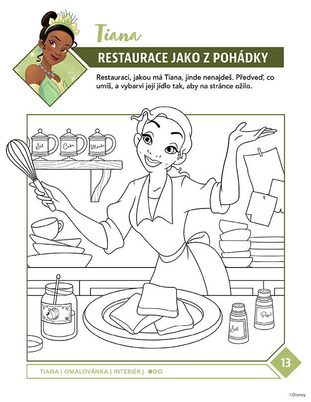 Omalovánka s Tianou z Disneyho Princezny a žabáka, jak vaří ve své vysněné restauraci.
