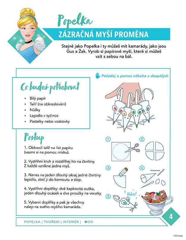 Návod na výrobu papírových myšek z jednoduchých materiálů s Popelkou.