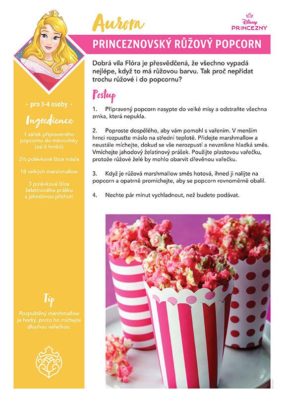 Recept s názvem „Princeznovský růžový popcorn“ inspirovaný Aurorou z Disneyho Šípkové Růženky s jahodovým popcornem.