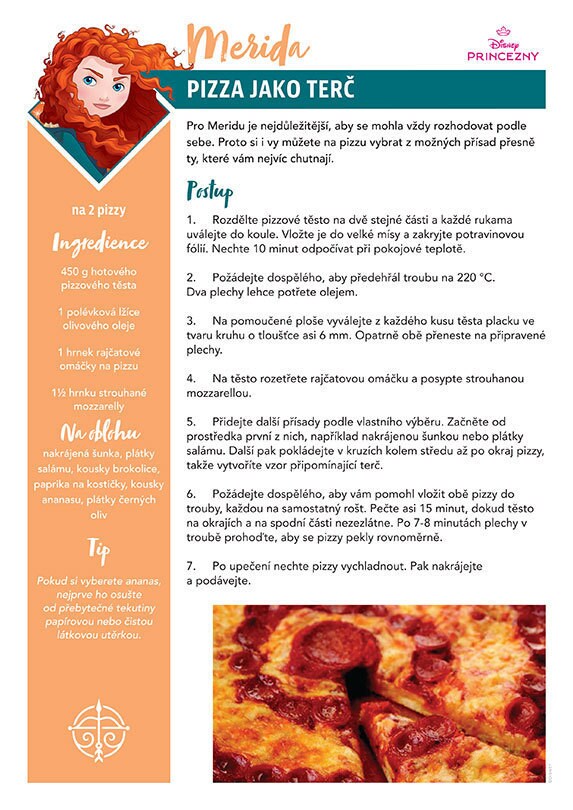 Recept s názvem „Pizza do terče“ inspirovaný Meridou z Disneyho Rebelky s pizzami zdobenými jako terč.