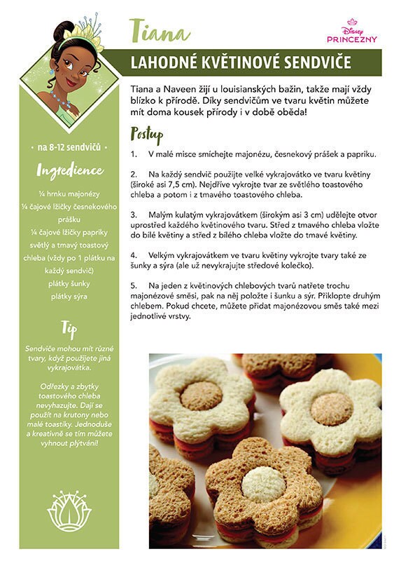Recept s názvem „Lahodné květinové sendviče“ inspirovaný Tianou z Disneyho Princezny a žabáka s květinovými šunkovo-sýrovými sendviči.