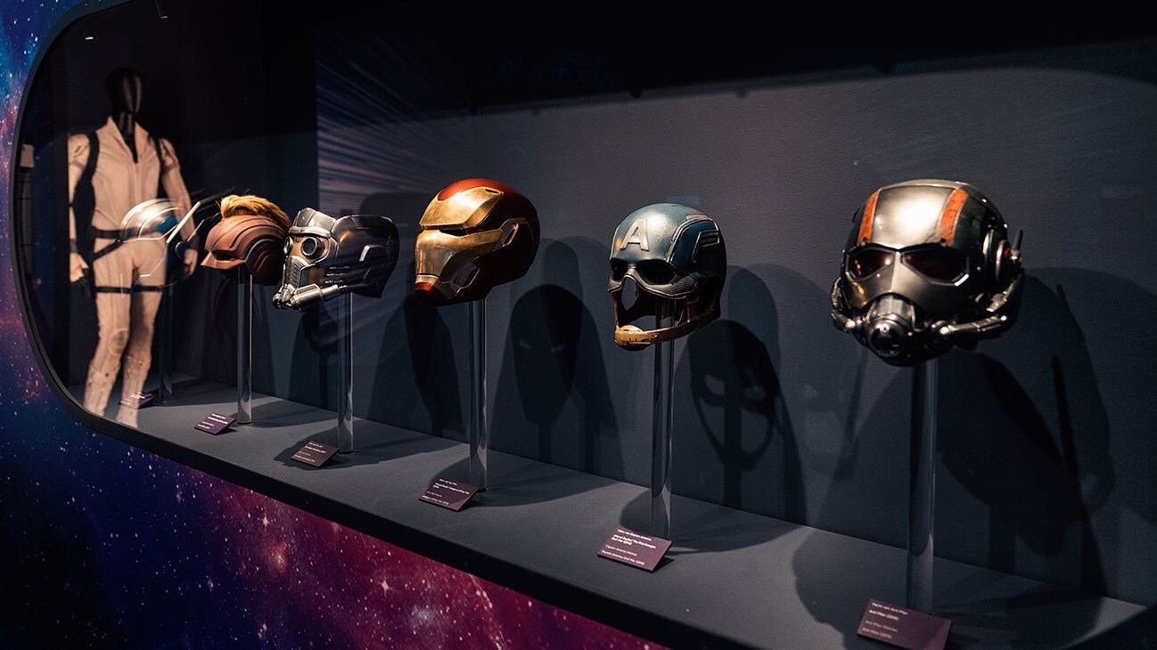 Various helmets from the Marvel movies.