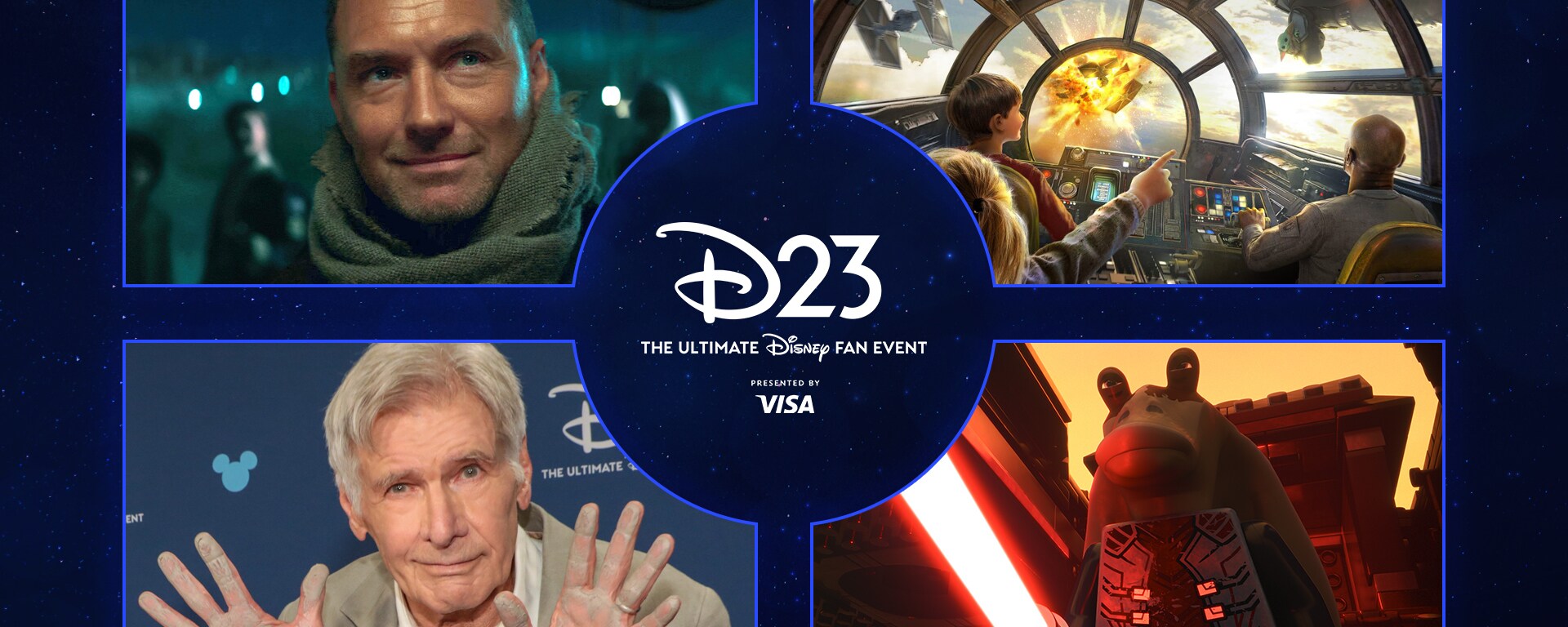 D23 logo and collage with Jude Law, Harrison Ford, and Darth Jar Jar