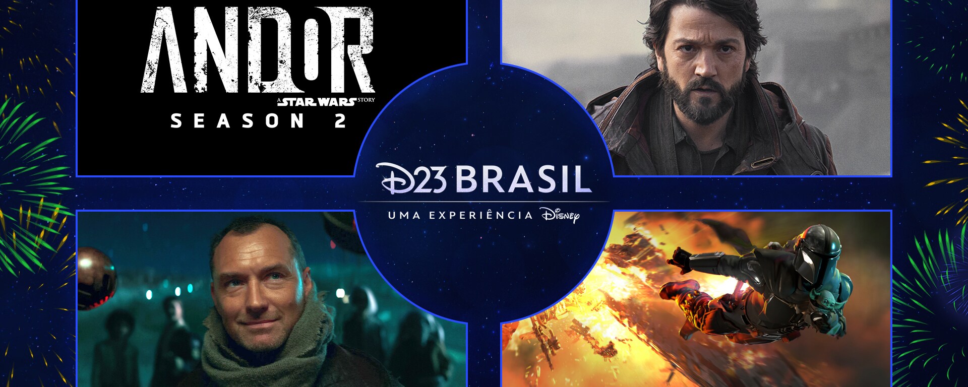 D23 collage with Andor logo, Diego Luna, Jude Law, and the Mandalorian and Grogu