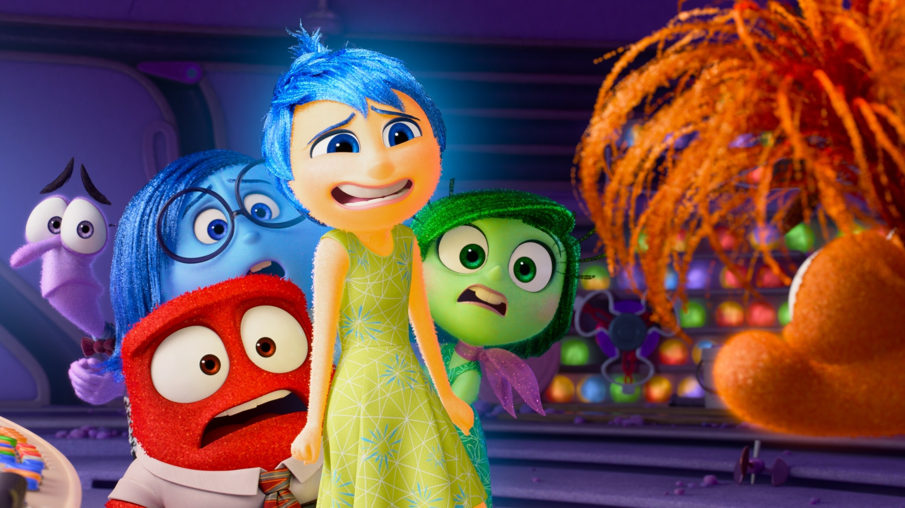 Joy, Disgust, Anger, Sadness and Fear meet Anxiety in Disney and Pixar's Inside Out 2.