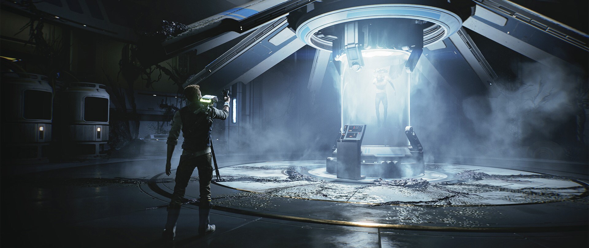 Dagan Gera, a High Republic Jedi, is sealed in a bacta tank.