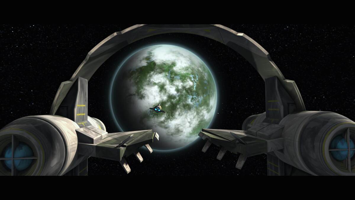 Yoda's Jedi interceptor flying towards Dagobah