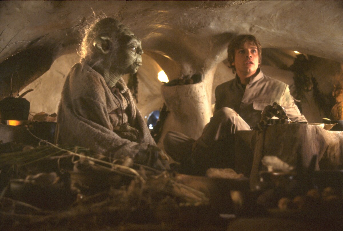 Yoda and Luke Skywalker meeting in Yoda's home