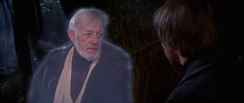 Obi-Wan Kenobi appearing to Luke Skywalker as a Force ghost on Dagobah