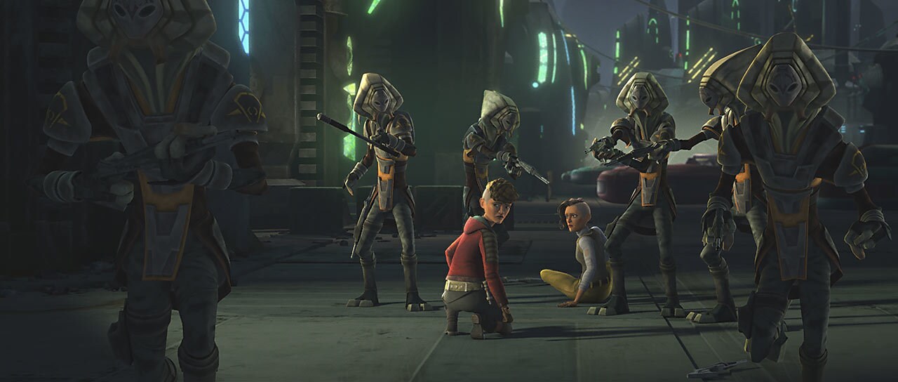 The beggar soon leads the Pykes straight to Ahsoka, Trace, and Rafa, and the gangsters open fire....
