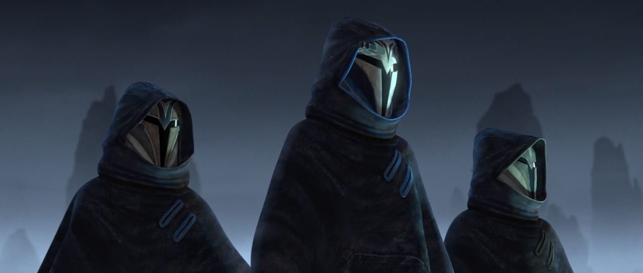From a rooftop, three Mandalorians watch the events below and one seems to recognize Ahsoka. "Let...
