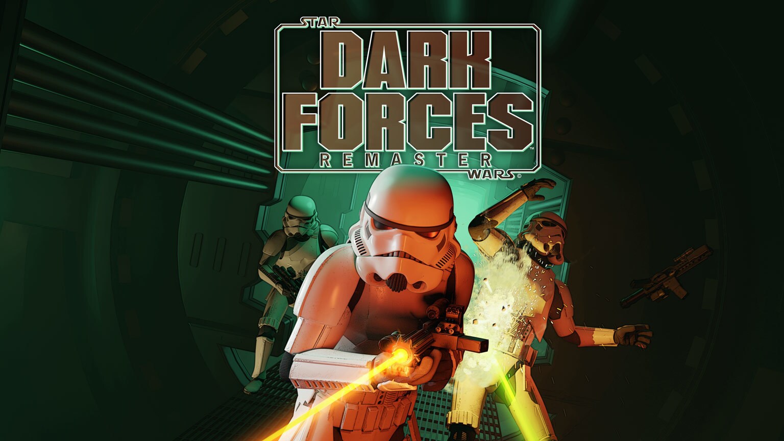 Dark Forces Remaster key art featuring logo and stormtroopers in battle.