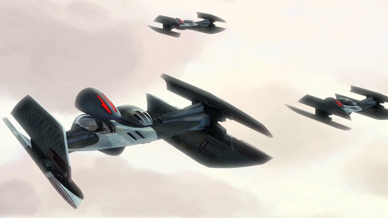 Hyena droid bombers fly together in The Clone Wars.