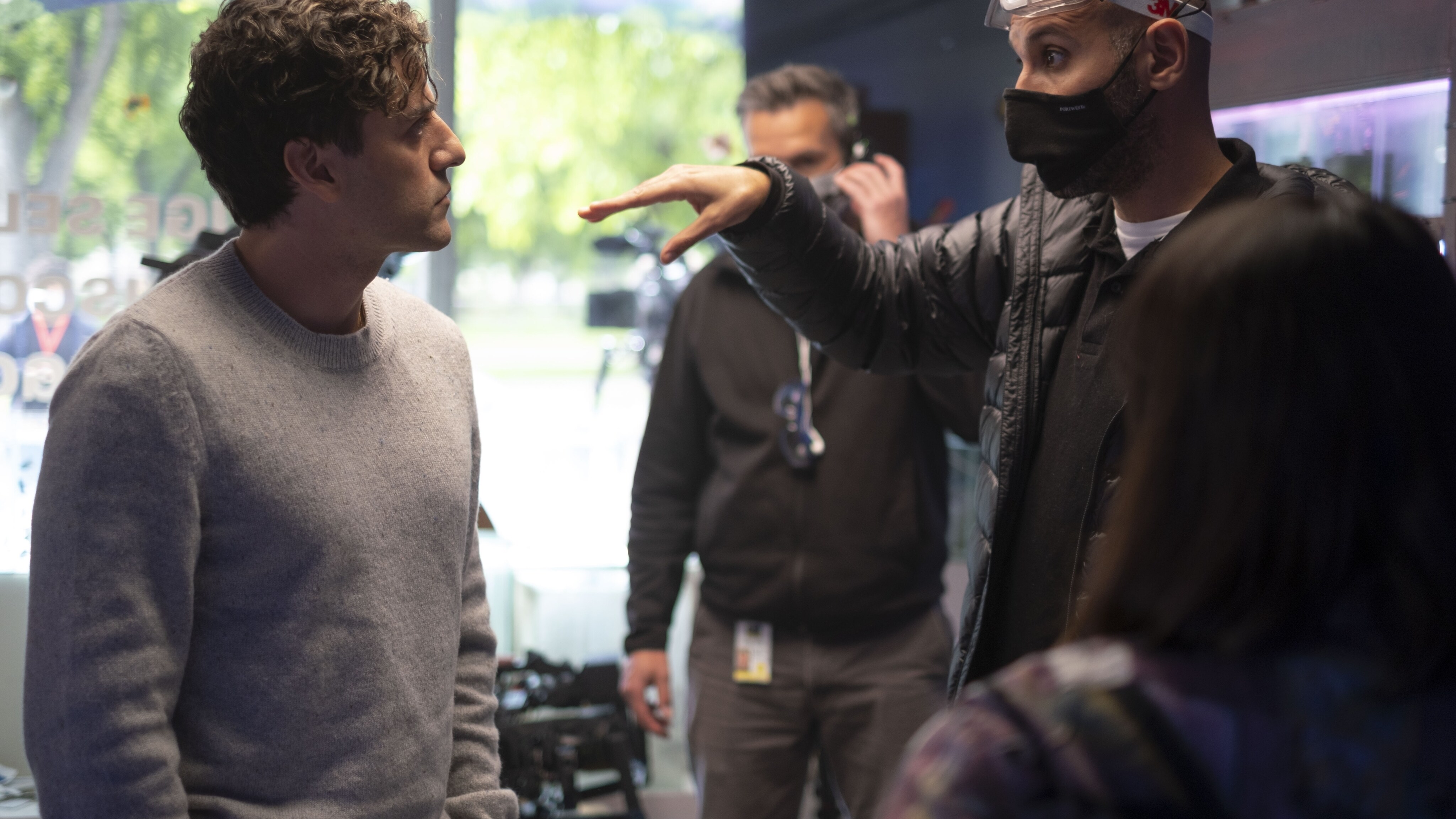 Oscar Isaac and Director Mohamed Diab on the set of Marvel Studios' MOON KNIGHT, exclusively on Disney+. Photo by Gabor Kotschy. ©Marvel Studios 2022. All Rights Reserved.