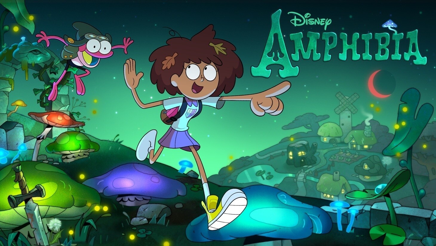 Anne und der Frosch Sprigspringen über bunt leuchtende Pilze in einer Sumpflandschaft vor einem grünen Hintergrund, „Amphibia“-Logo