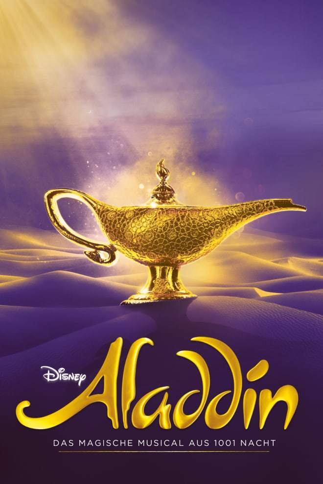 Hauptmotiv von Disneys Musical Aladdin mit Wunderlampe und Aladdin Schriftzug