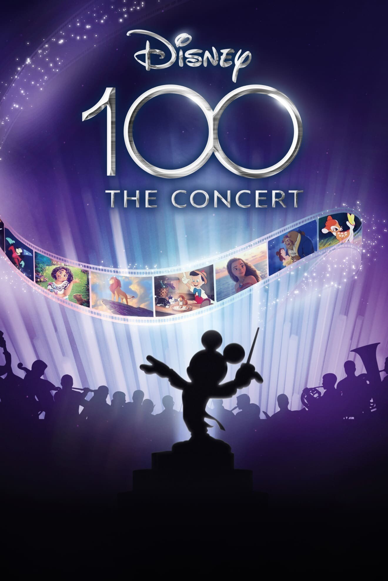 Silhouette von Mickey Maus als Dirigent und Orchester mit dem Schriftzug Disney 100 - The Concert
