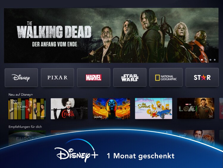 Disney+ Logo auf blauem Hintergrund links und der Disney+ Home Screen mit The Walking Dead-Header rechts 