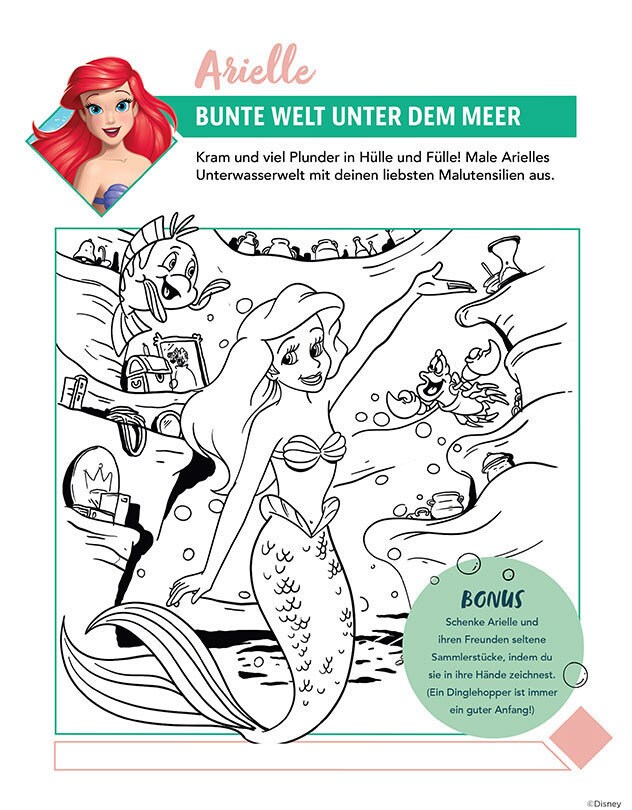 Ausmalbild mit Arielle aus Disneys Arielle, die Meerjungfrau, umgeben von Meeresbewohnern und Unterwasserschätzen.