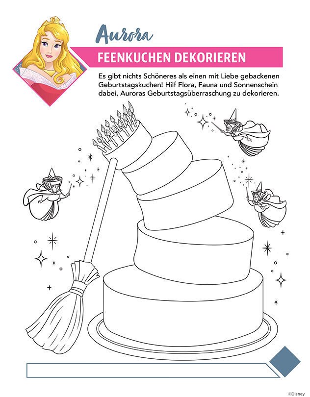 Ausmalbild mit Aurora aus Disneys Dornröschen, zusammen mit Flora, Fauna und Sonnenschein, die eine magische Geburtstagstorte dekorieren.