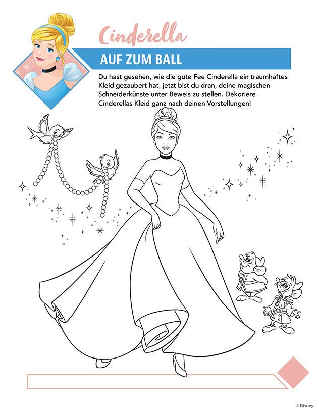 Ausmalbild mit Cinderella in ihrem Ballkleid, zwei Vögeln, die eine Perlenkette halten, und zwei Mäusen aus der Geschichte.