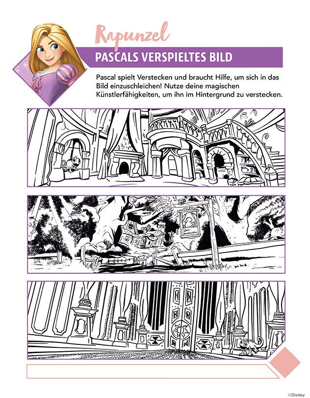 Ausmalbild mit Rapunzel aus Disneys Rapunzel – Neu verföhnt, während Pascal im verspielten Hintergrund Verstecken spielt.