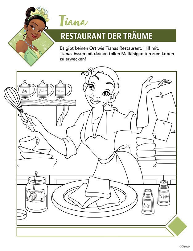 Ausmalbild mit Tiana aus Küss den Frosch, wie sie in ihrem Traumrestaurant kocht.