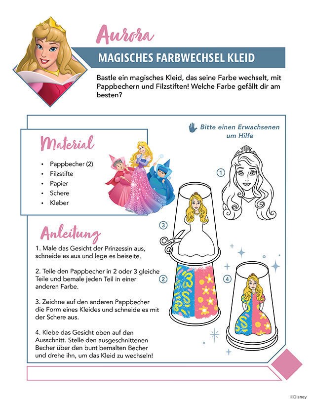 Bastelanleitung für ein farbwechselndes Papierkleid mit einfachen Materialien.