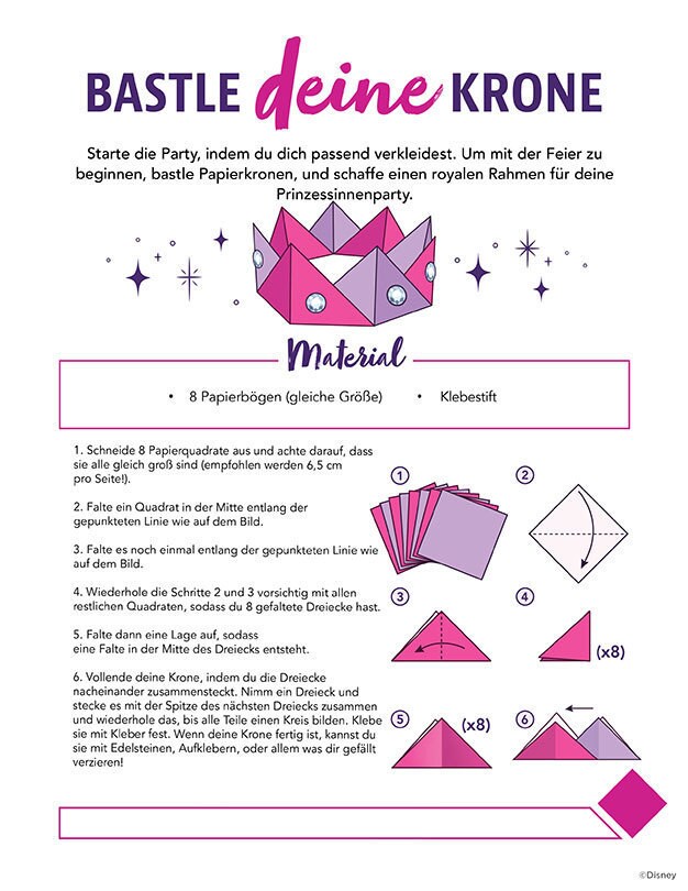 Anleitung zum Basteln einer Papierkrone mit Papierquadraten und Kleber.