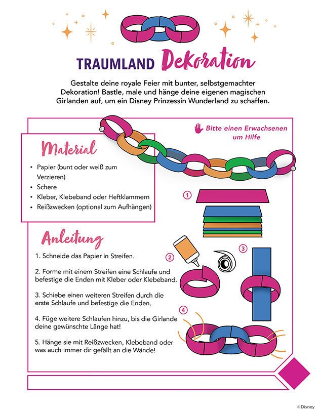 Anleitung für Disney Prinzessinnen Partydekorationen mit Papiergirlanden.