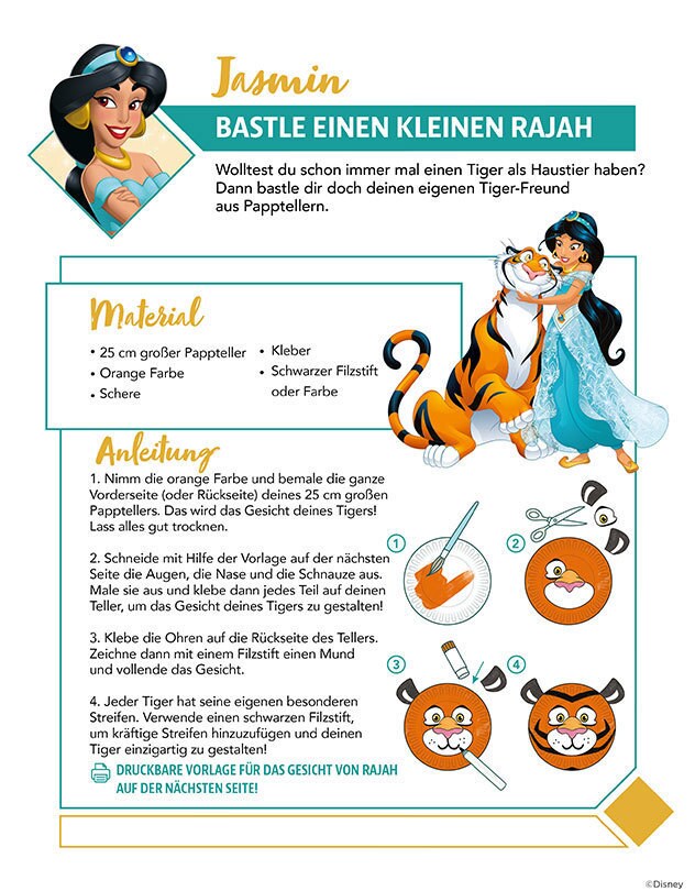 Bastelanleitung für ein Rajah-Tigergesicht mit Pappteller und Farbe.