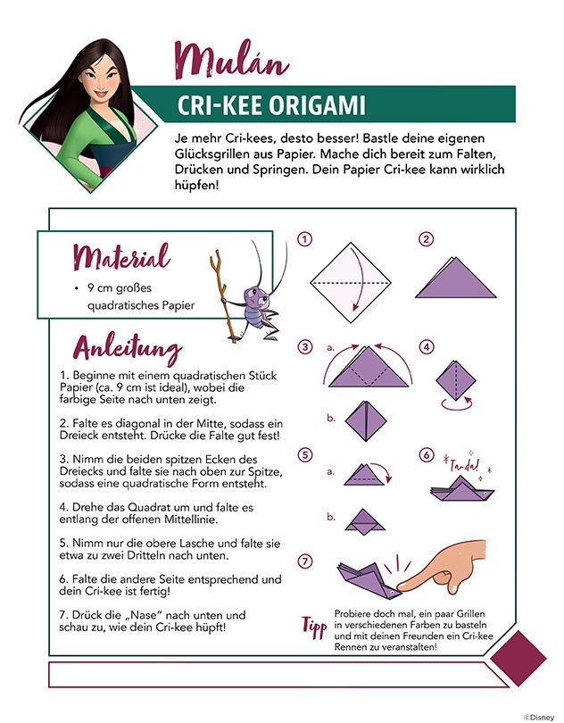 Bastelanleitung für einen Origami-Grille Cri-Kee aus quadratischem Papier.