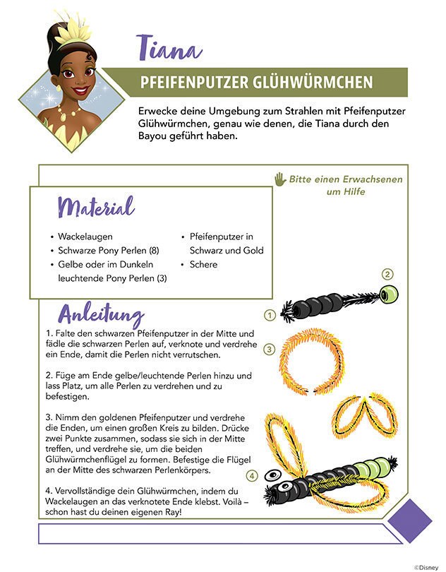 Bastelanleitung für Glühwürmchen aus Pfeifenreinigern und Perlen.