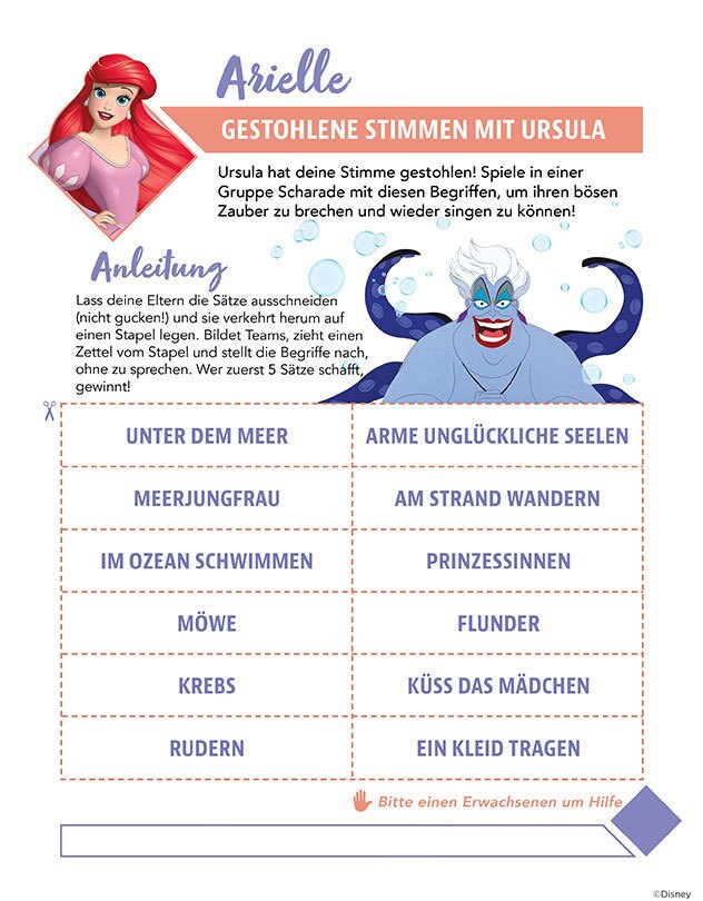 Arielle-Partyspiel mit Sätzen im Ursula-Stil.