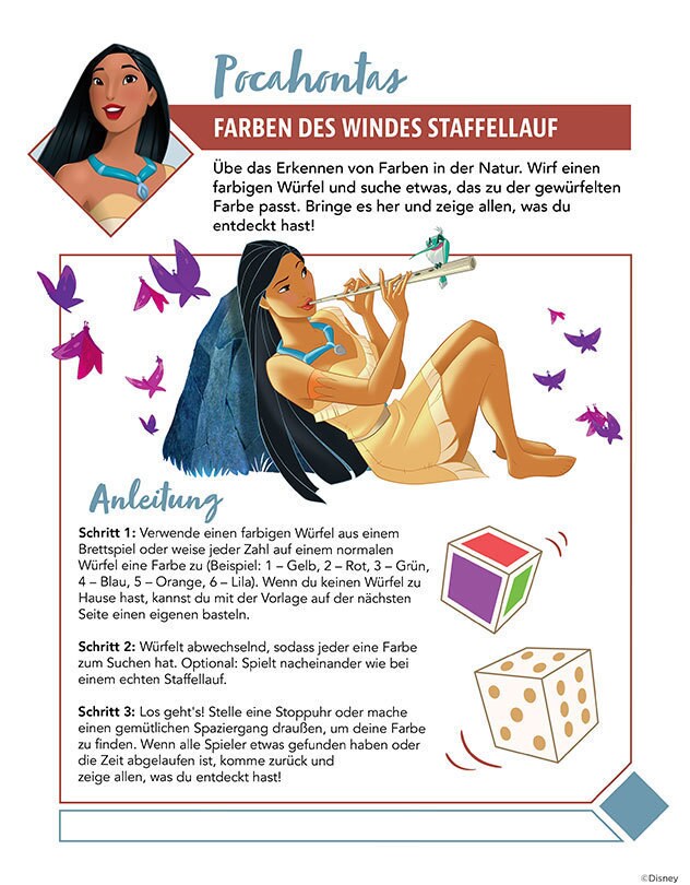Farbzuordnungsspiel als Staffellauf mit Pocahontas-Thema.