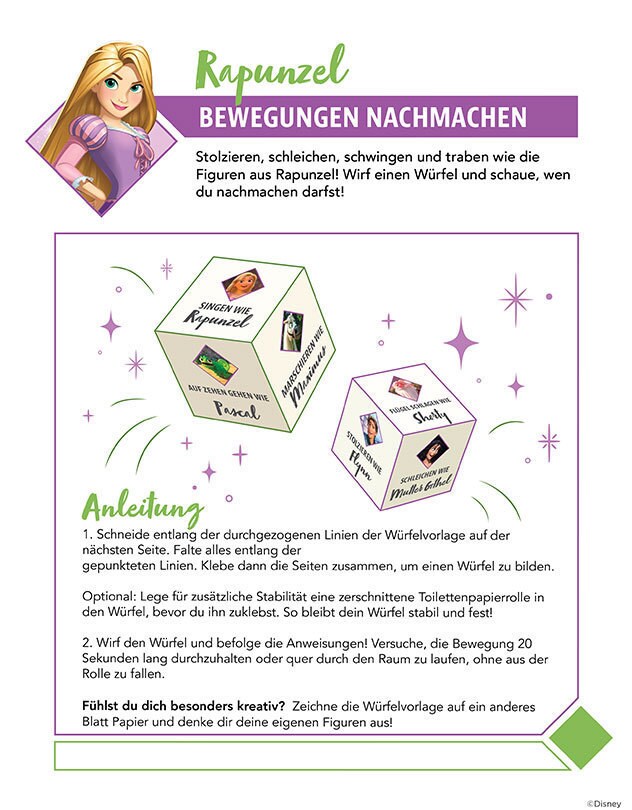 Würfelspiel mit Rapunzel und Figuren aus dem Film.