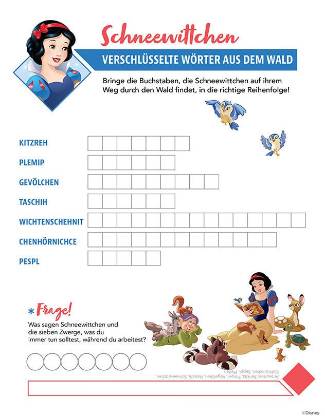Schneewittchen-Partyspiel mit Buchstabensalat-Herausforderung.