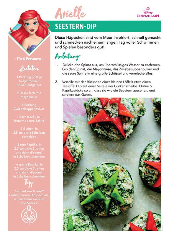 Eine Rezeptkarte mit dem Titel Seestern-Gurken-Dip, inspiriert von Arielle aus Arielle, die Meerjungfrau, mit gemüsigen Seestern-Snacks.