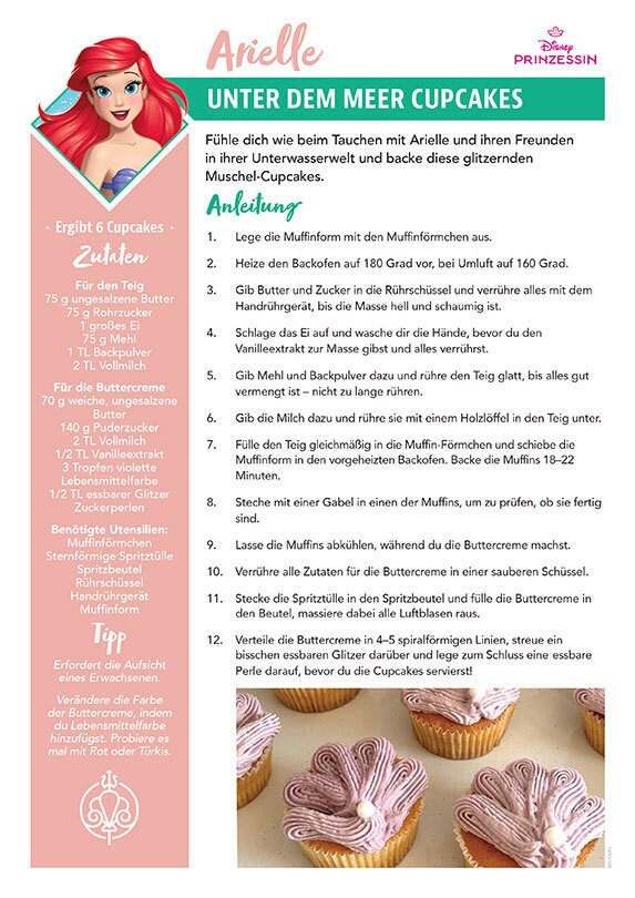 Eine Rezeptkarte mit dem Titel "Unter dem Meer Cupcakes" inspiriert von Disneys Arielle mit schimmernden Muschel-Cupcakes.