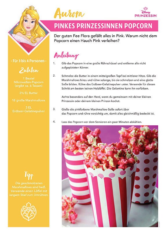 Eine Rezeptkarte mit dem Titel Pinkes Prinzessinnen Popcorn, inspiriert von Aurora aus Dornröschen, mit erdbeeraromatisiertem Popcorn.