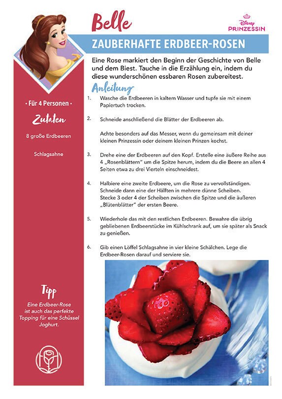 Eine Rezeptkarte mit dem Titel Zauberhafte Erdbeerrosen, inspiriert von Belle aus Die Schöne und das Biest, mit rosengeformten Erdbeerleckereien.