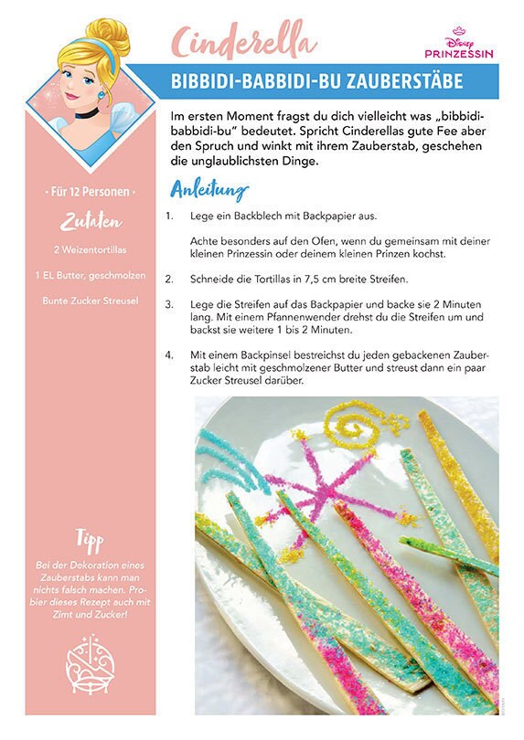 Eine Rezeptkarte mit dem Titel Magische Zauberstäbe, inspiriert von Cinderella aus Cinderella, mit süßen Tortilla-Sticks.