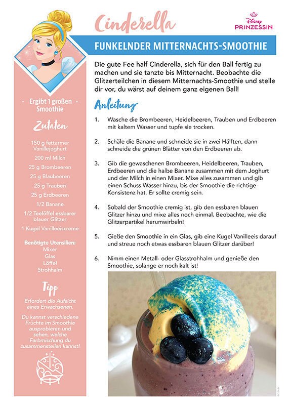 Eine Rezeptkarte mit dem Titel "Funkelnder Mitternachts-Smoothie" inspiriert von Disneys Cinderella.