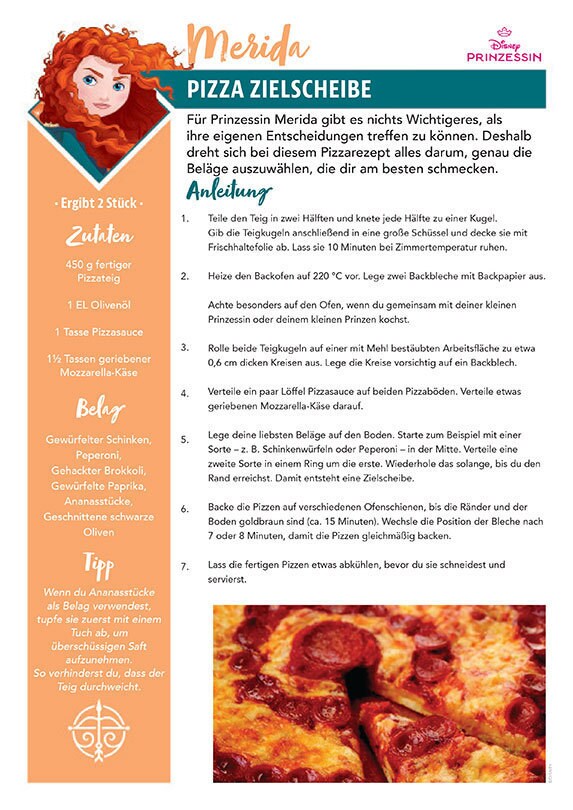Eine Rezeptkarte mit dem Titel Pizza Zielscheibe, inspiriert von Merida aus Merida – Legende der Highlands, mit Pizzas im Zielscheiben-Look.
